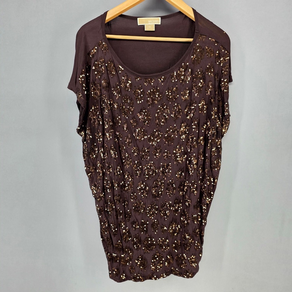 Michael Kors Sequin Leopard Top Womens 1X Brown Short Sleeve Scoop Neck Blouse